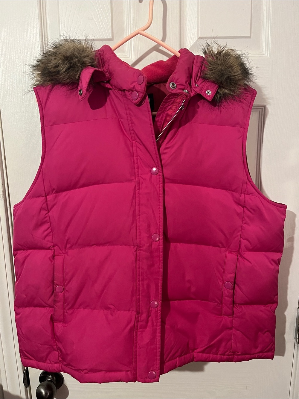 GAP Hot Pink Puffer Vest with Faux-Fur Trim